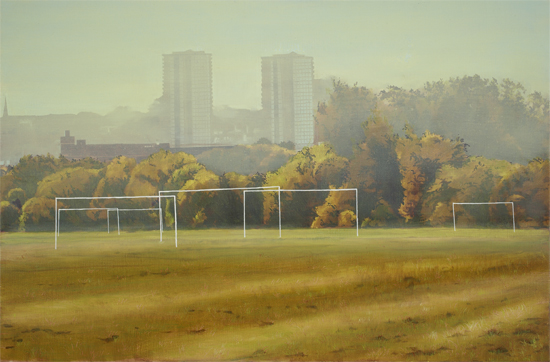 picture of goalposts in the evening on wormwood scrubs
